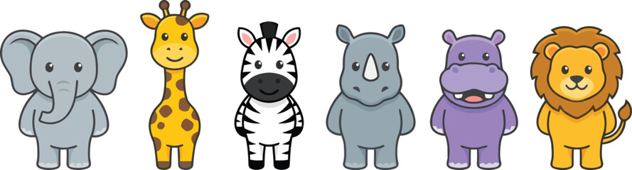 Obraz premium A collection of cute cartoon wild animals standing in a row.