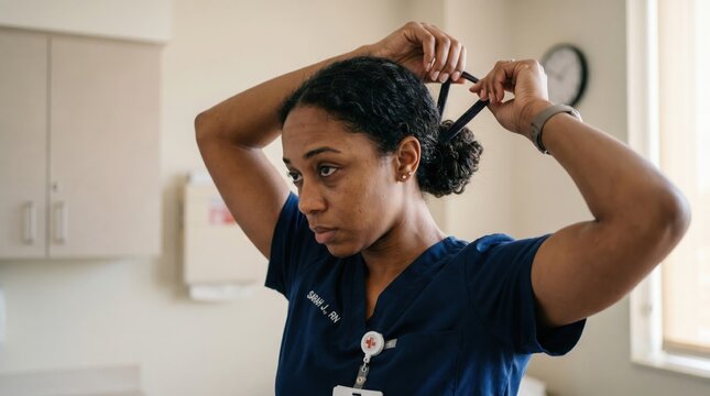Nurse tying hair back in preparation despite visible exhaustion