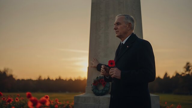 A solemn senior man standing near a stone memorial pillar at sunset holding a red poppy flower, created with generative ai.  