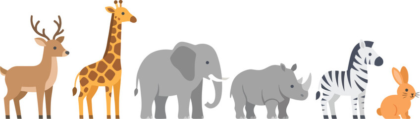 Obraz premium A collection of cute cartoon wild animals standing in a row.