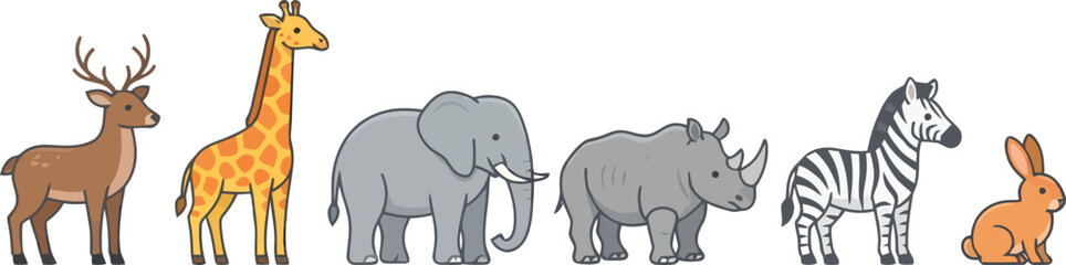 Obraz premium A collection of diverse wild animals standing in a row including a deer giraffe elephant rhino zebra and rabbit.