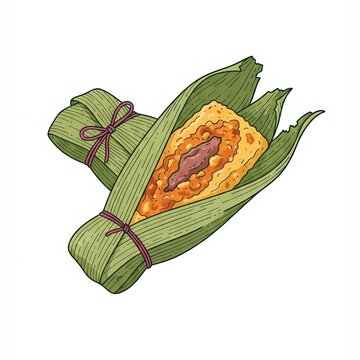 Steamed masa bundle peeking from a dried husk, drawn in flat vector shapes