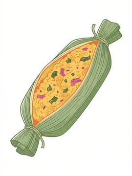 Wrapped tamale with the corn husk partly opened, three-quarter vector illustration