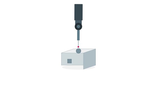 Automated Industrial CMM Probe Measuring Machined Metal Component with Ruby Stylus Tip and Calibration Pulse