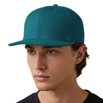 Young man wearing a teal baseball cap looking serious