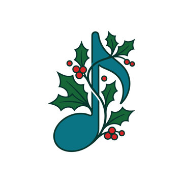 Blue musical note decorated with green holly leaves and red berries for festive winter season and melody celebration