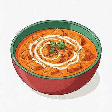 Bowl of butter chicken with a swirl of cream on top, three-quarter clean vector art