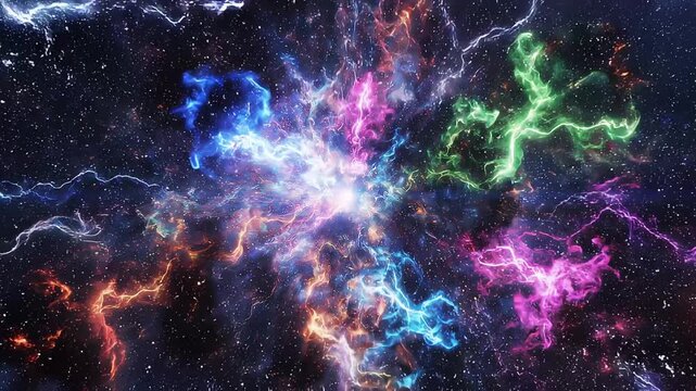 Vibrant Cosmic Explosion With Colorful Nebula And Lightning Bolts In Space