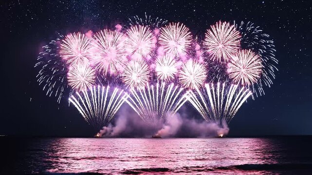 Vibrant Fireworks Display Exploding Over Dark Ocean Waters At Night