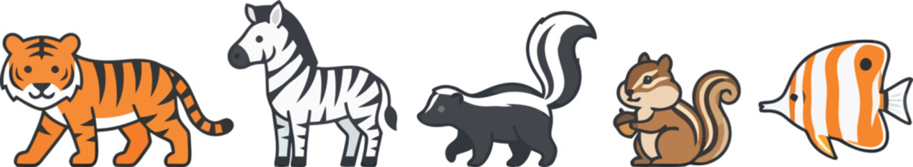 Obraz premium A collection of five cute cartoon animals including a tiger zebra skunk squirrel and fish.