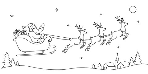 Line art illustration of Santa Claus flying in sleigh with reindeer over snowy village under moon and stars © ImageFlow 