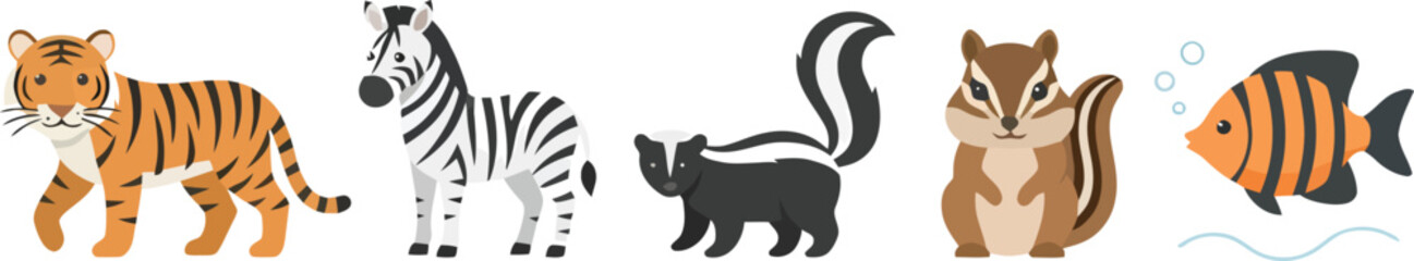 Obraz premium A collection of five different cartoon animals including a tiger zebra skunk chipmunk and fish.