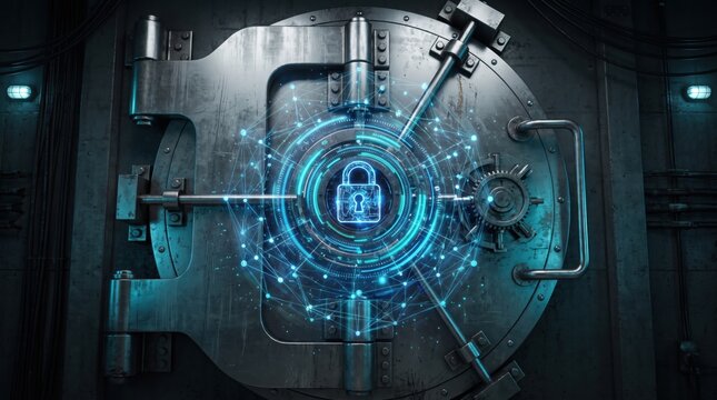 Steel bank vault door with digital security lock and glowing blue interface
