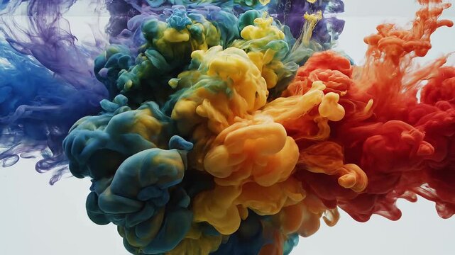 Vibrant multi colored ink blooming in water creating a rainbow gradient