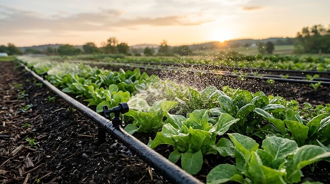 Close-up of an automated drip irrigation nozzle spraying precise fine water droplets over organic vegetable crops in a m