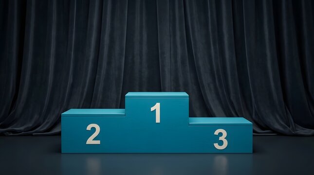 Winners podium with first second and third place awards on a dark background
