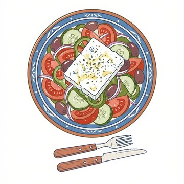 Greek salad with a block of feta on top, top-down flat-lay flat vector graphic