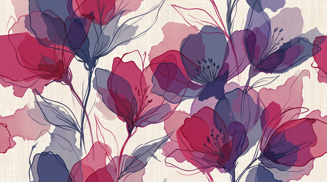 Beautiful pink and purple floral watercolor seamless pattern featuring delicate overlapping petals on textured paper