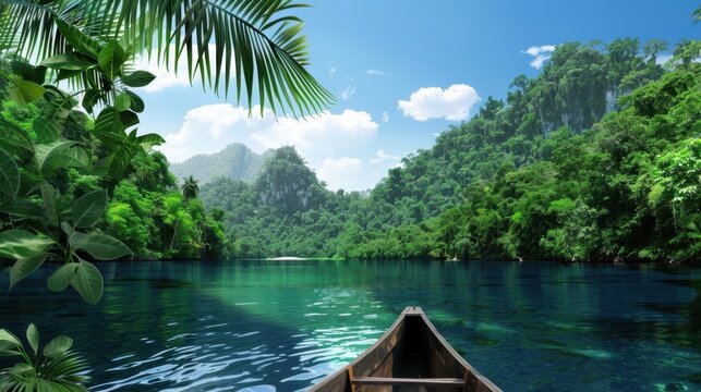 Tranquil Tropical Landscape with Lush Greenery and Serene Waterway under Bright Blue Sky