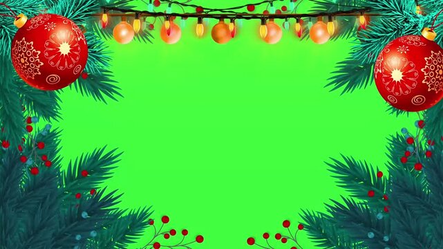 Festive Christmas garland decoration frame with glowing lights on a keyable green screen background