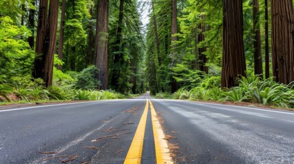 Obraz premium Serene Road Through Lush Green Redwood Forest With Towering Trees on Both Sides and Vibrant Nature Surrounding Pathway