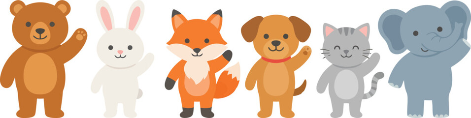 Fototapeta premium A collection of cute cartoon animals standing in a row on a white background.