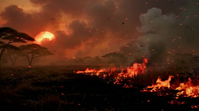 Wildfire burns dry savanna grass at sunset with smoke plumes rising. Orange flames consume dry vegetation near scattered acacia trees. Dramatic scene shows environmental crisis and destruction.