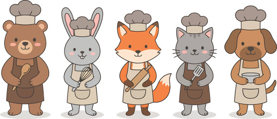 Obraz premium A collection of cute cartoon animals dressed as chefs and bakers.