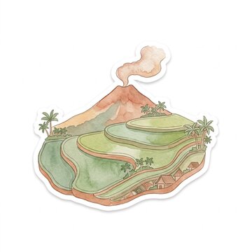 Watercolor sticker illustration of Indonesian volcano landscape