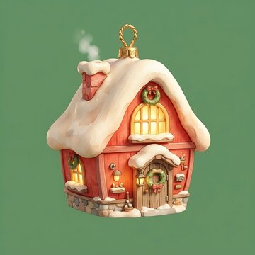 Christmas Cottage Ornament Icon with Snowy Roof and Warm Lights