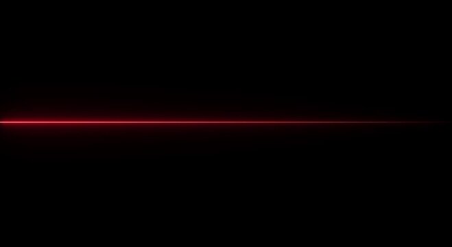Glowing red laser line shining across dark scene with futuristic light beam stripe divider and copy space on pitch black background.