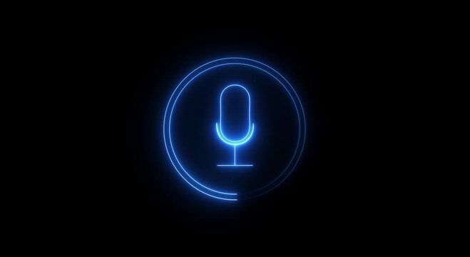 Glowing neon microphone icon inside circular audio waves displaying digital mic symbol for voice assistant interface on dark background