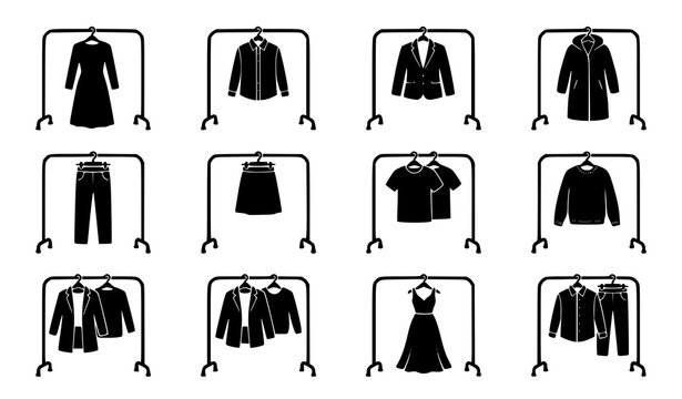 Collection of clothing items hanging on racks in a simple black and white style