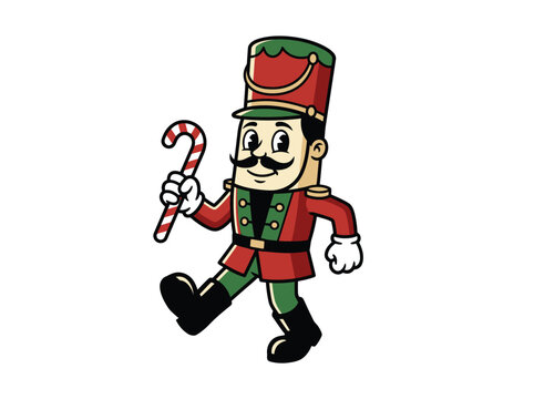 Cute cartoon nutcracker soldier character holding a candy cane isolated on a white background