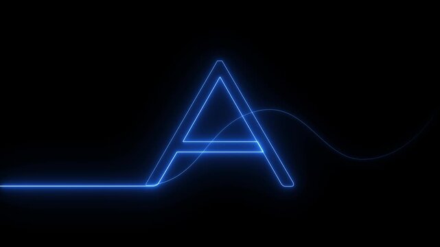 Luminous letter A outline glowing in blue continuous line showing alphabet character typography symbol on minimalist black backdrop