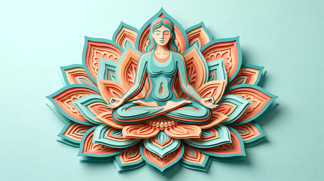 Figure meditating in lotus pose, layered paper art design with intricate floral details and teal