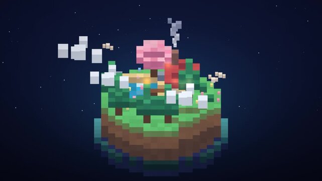 Pixel art landscape with trees and water performing animation in digital environment with copy space