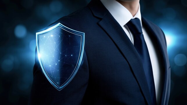 A person in a business suit displays a glowing digital shield on their shoulder, representing security and protection in a modern. ..Created with Generative AI, not depicting real subjects.