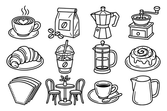 Coffee and Cafe Hand Drawn Icon Set &ndash; 12 Doodle Style Vector Illustrations for Coffee Shop, Barista and Cozy Cafe Themes