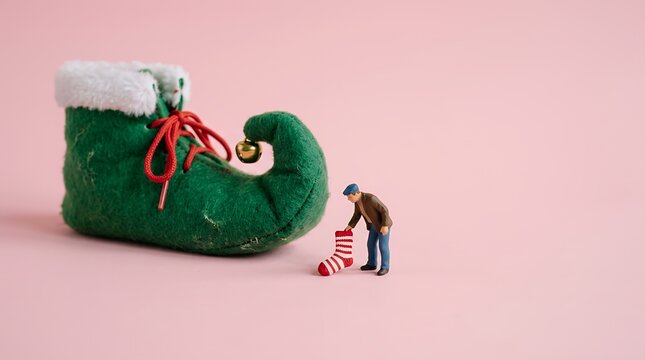 クリスマスの妖精ブーツと靴下を持つミニチュア男性