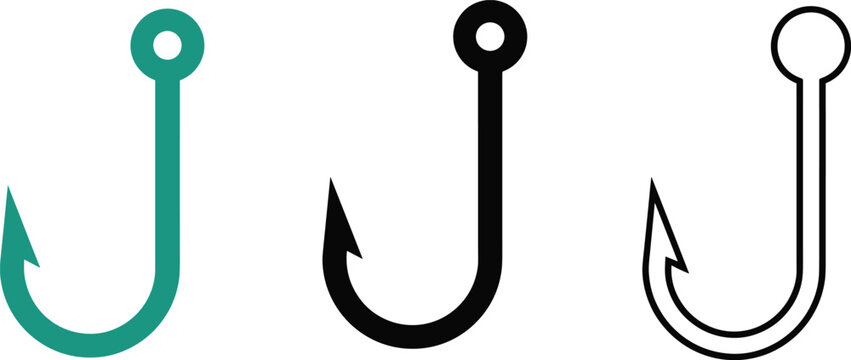 Fishing Hook Icon Set with Solid and Outline Vector Variations