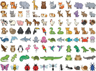 Obraz premium A comprehensive collection of diverse animal and insect illustrations in a cartoon style.
