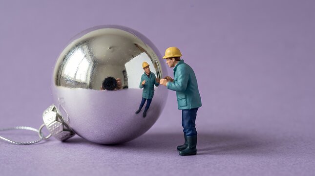 クリスマスオーナメントを点検する作業員