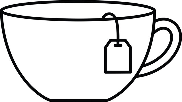 Minimalist black outline teacup vector icon with a tea bag for cafe menu and beverage designs.