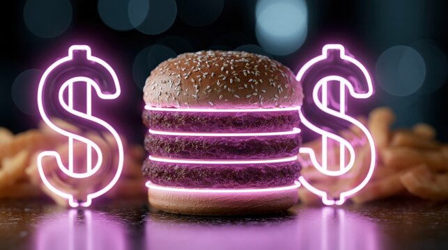 A delicious triple-decker burger, illuminated by vibrant pink neon dollar signs, stands tall amidst a pile of golden french fries. ..Created with Generative AI, not depicting real subjects.