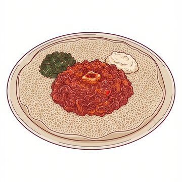 Red-brown mound, folded bread edge and a small cheese accent in a tidy composition