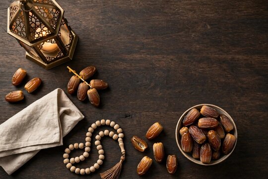 Top view of dates and Arabic latern of Ramadhan iftar background 