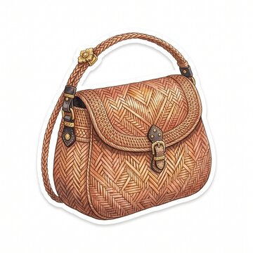 Watercolor sticker illustration of traditional Indonesian woven rattan bag