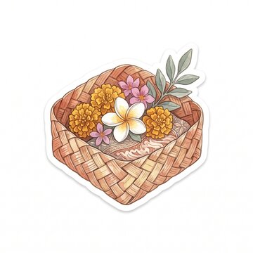 Watercolor sticker illustration of traditional Balinese woven flower offering basket