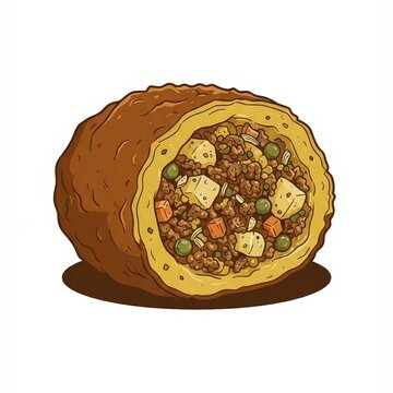 Papa rellena stuffed potato cut open, three-quarter clean vector art